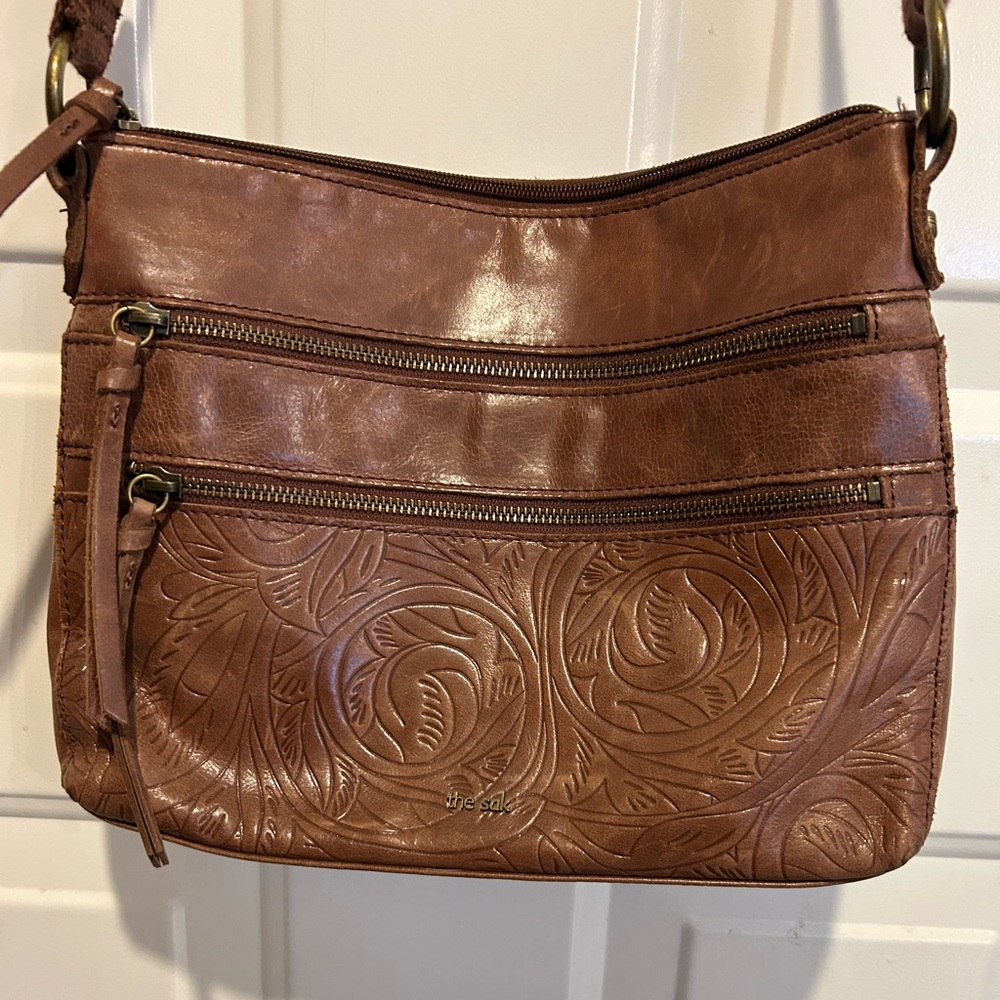 The Sak Brown Leather Crossbody Bag with Floral Embossing